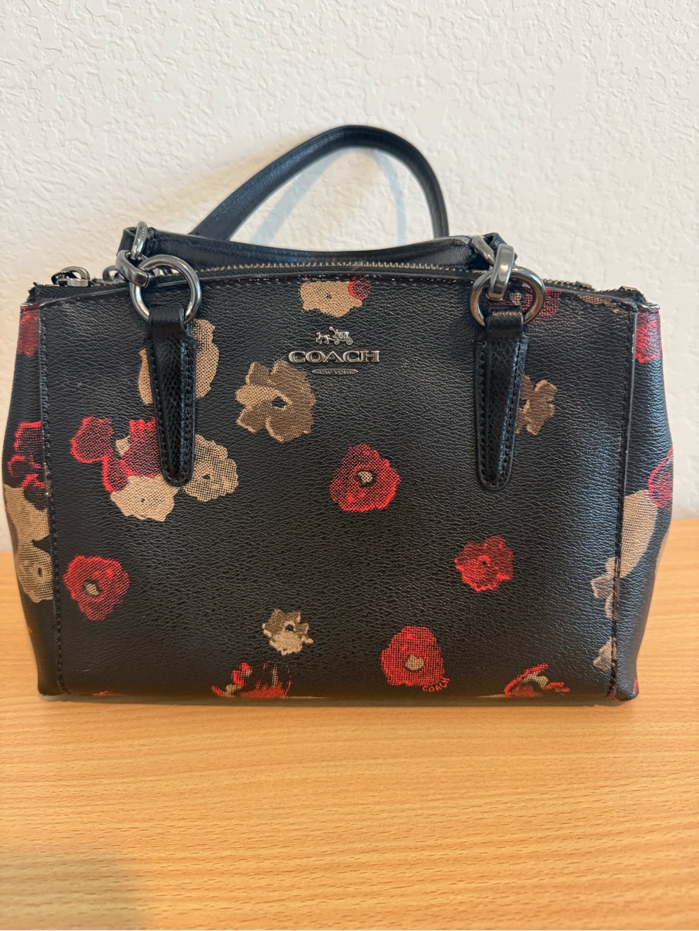 Coach Black Floral Mini Christie Carryall Satchel Handbag
